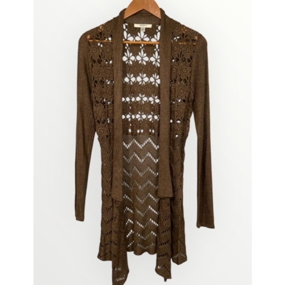 Dressbarn Brown Floral Crochet Retro Boho Open Front Sweater Long Cardigan XS